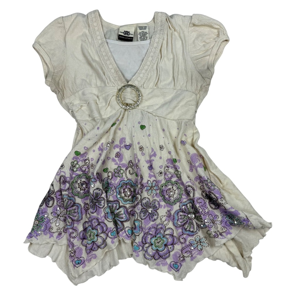 VTG Y2K Route 66 Floral Sequin Babydoll Tunic Top Fairycore Boho 10/12 Adult XS